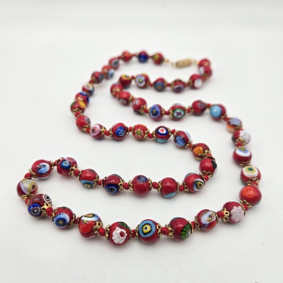Red Millefiori Art Glass Necklace Italian Venetian Murano Italy 24" 8mm Vintage - Picture 4 of 4